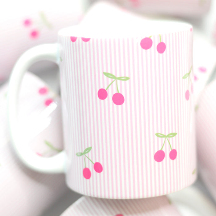 Pink Seersucker Cherries Ceramic Mug