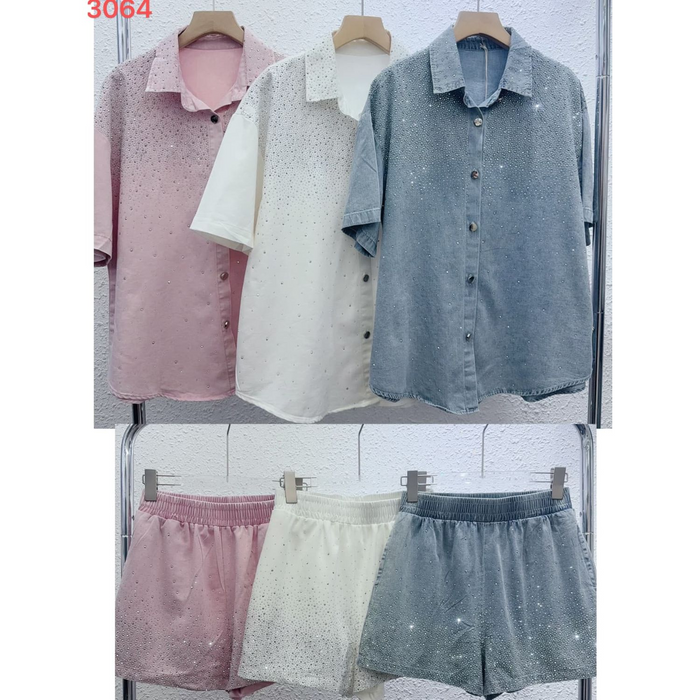 White Sparkle Button Down Top and Shorts Set - Born To Glam