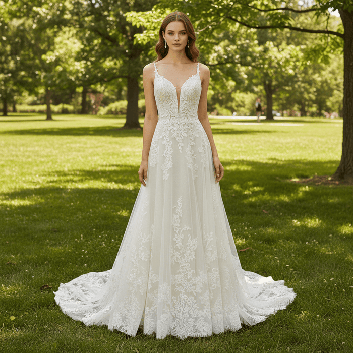 Plunging V Neck Wedding Dress with Tulle and Lace - Rosymae