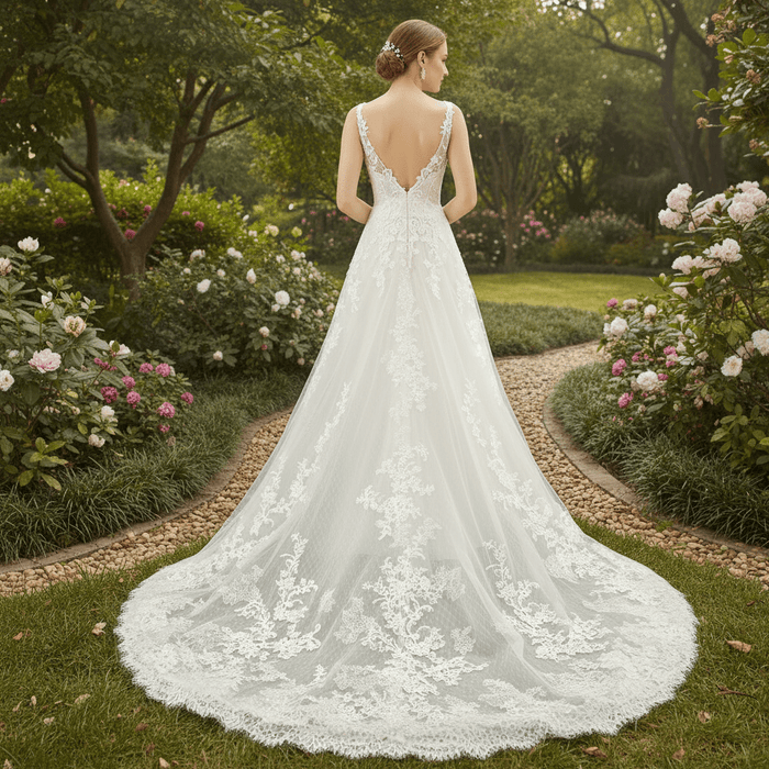 Plunging V Neck Wedding Dress with Tulle and Lace - Rosymae