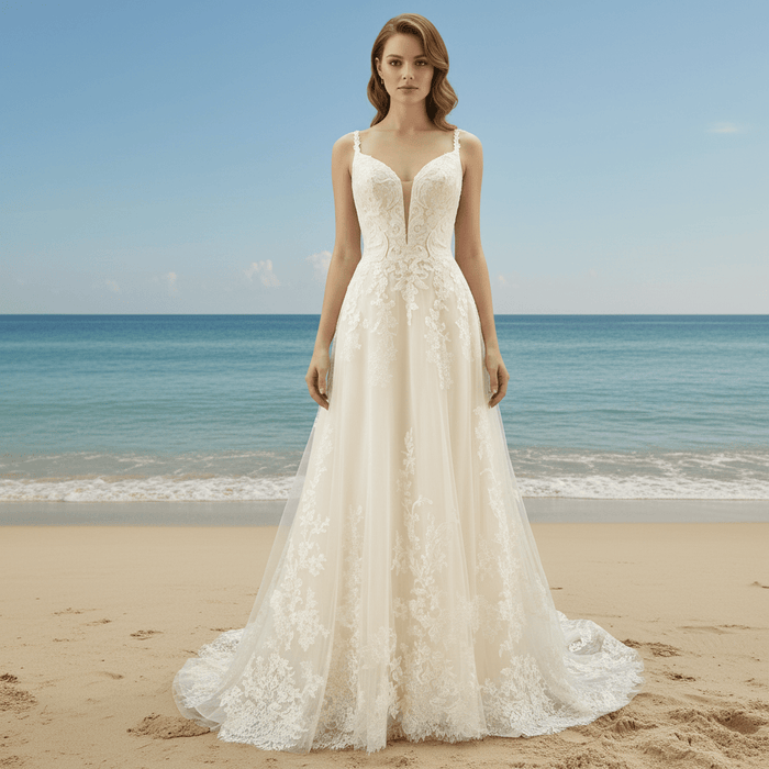 Plunging V Neck Wedding Dress with Tulle and Lace - Rosymae