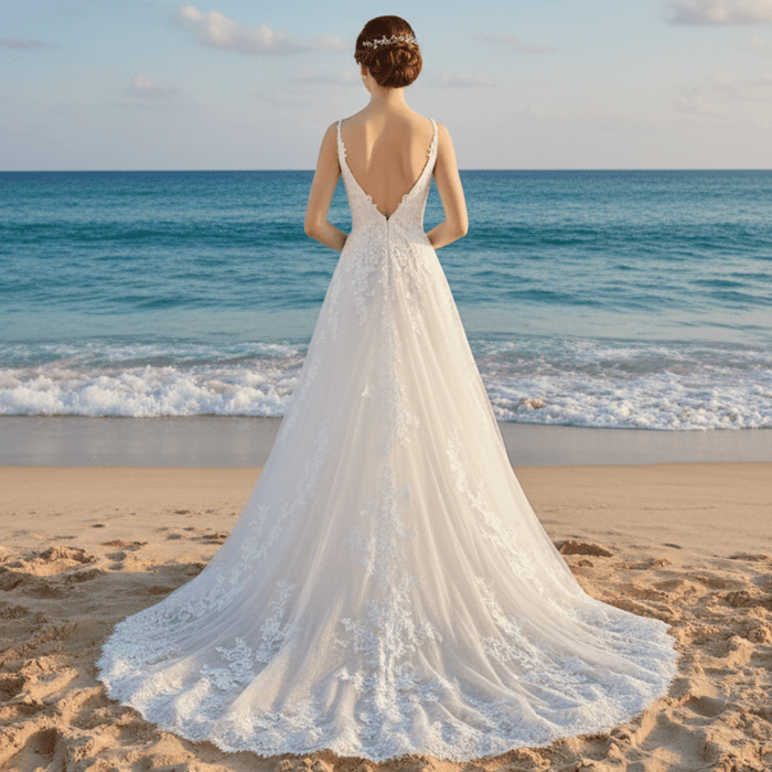 Plunging V Neck Wedding Dress with Tulle and Lace - Rosymae
