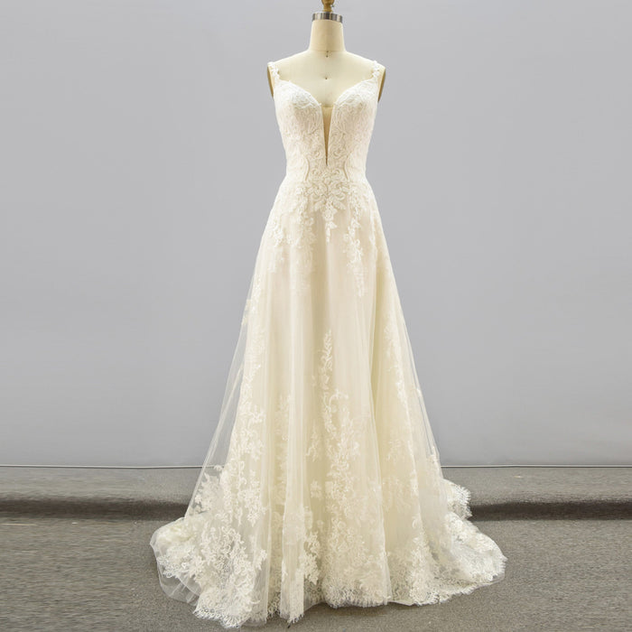 Plunging V Neck Wedding Dress with Tulle and Lace - Rosymae