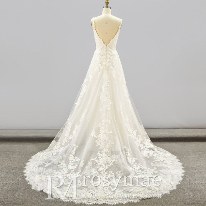 Plunging V Neck Wedding Dress with Tulle and Lace - Rosymae