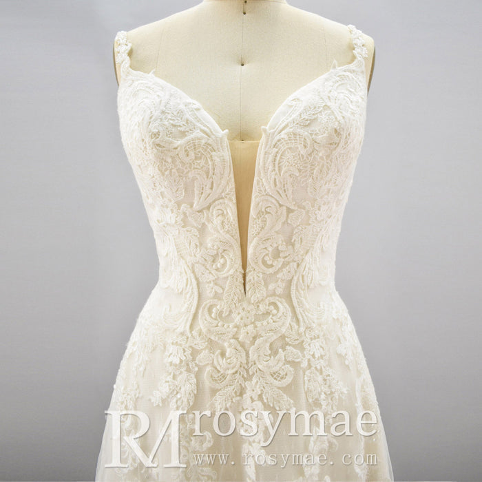 Plunging V Neck Wedding Dress with Tulle and Lace - Rosymae
