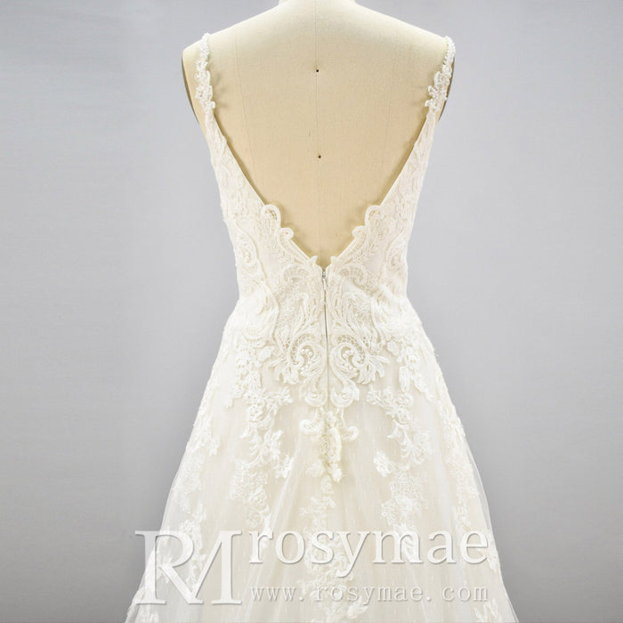 Plunging V Neck Wedding Dress with Tulle and Lace - Rosymae