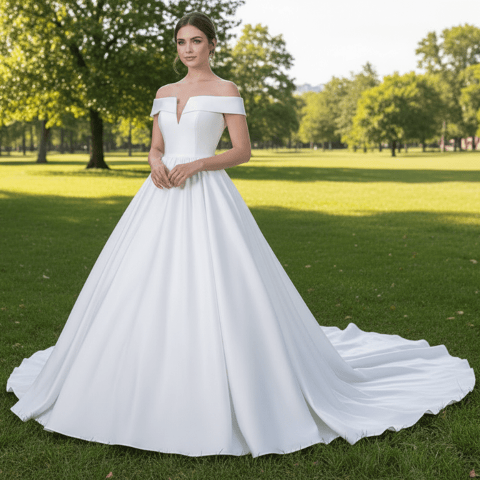 Plunging V Off The Shoulder Ball Gown Satin Bridal Gowns - Rosymae