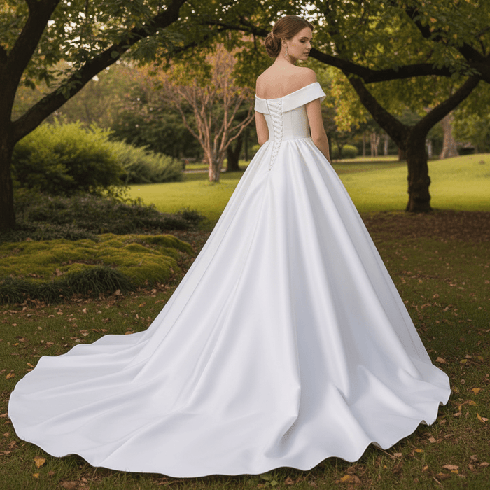 Plunging V Off The Shoulder Ball Gown Satin Bridal Gowns - Rosymae