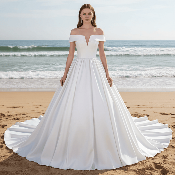 Plunging V Off The Shoulder Ball Gown Satin Bridal Gowns - Rosymae
