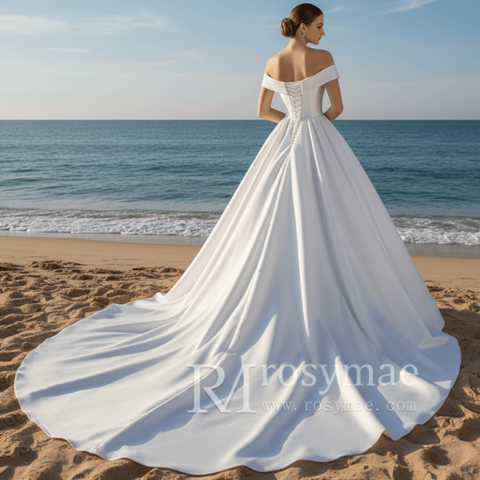 Plunging V Off The Shoulder Ball Gown Satin Bridal Gowns - Rosymae
