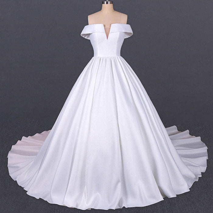 Plunging V Off The Shoulder Ball Gown Satin Bridal Gowns - Rosymae