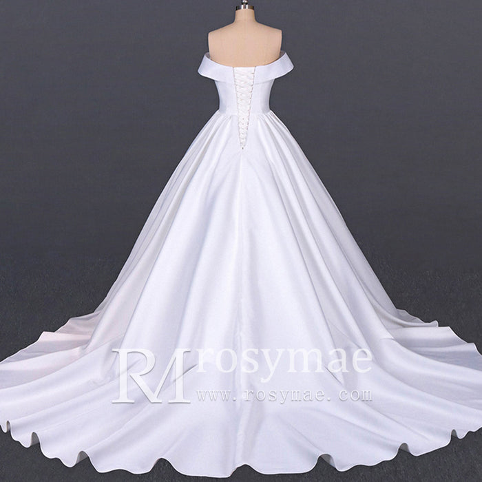 Plunging V Off The Shoulder Ball Gown Satin Bridal Gowns - Rosymae