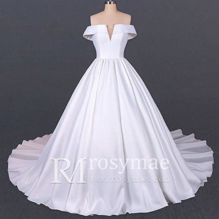 Plunging V Off The Shoulder Ball Gown Satin Bridal Gowns - Rosymae