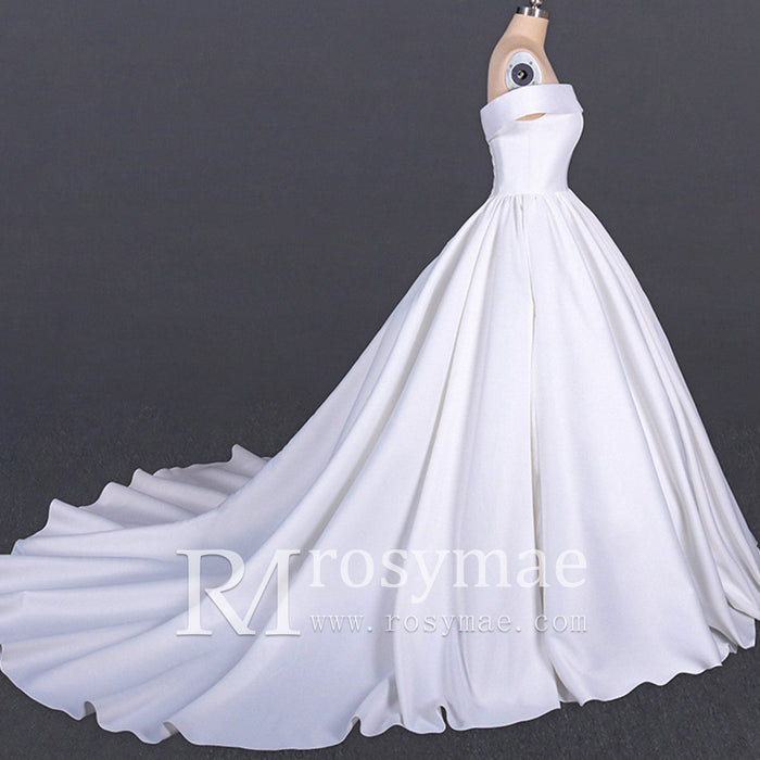 Plunging V Off The Shoulder Ball Gown Satin Bridal Gowns - Rosymae
