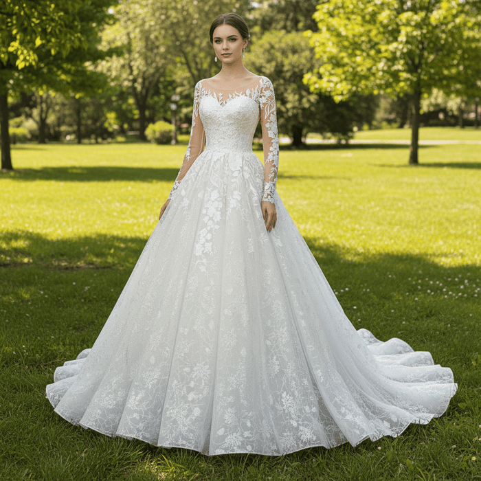 Princess Lace Ball Gown Wedding Dress Illusion Long Sleeve - Rosymae