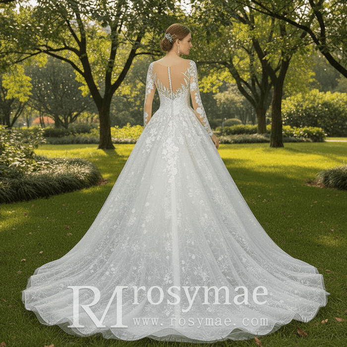 Princess Lace Ball Gown Wedding Dress Illusion Long Sleeve - Rosymae