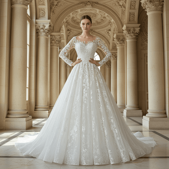 Princess Lace Ball Gown Wedding Dress Illusion Long Sleeve - Rosymae