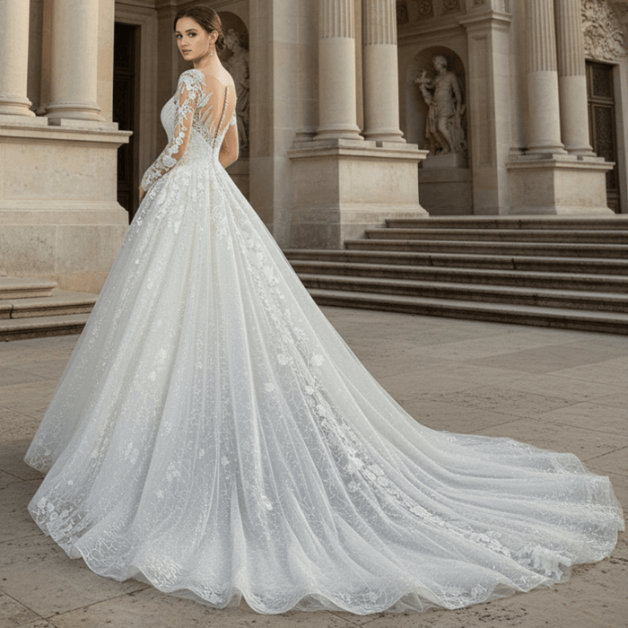 Princess Lace Ball Gown Wedding Dress Illusion Long Sleeve - Rosymae