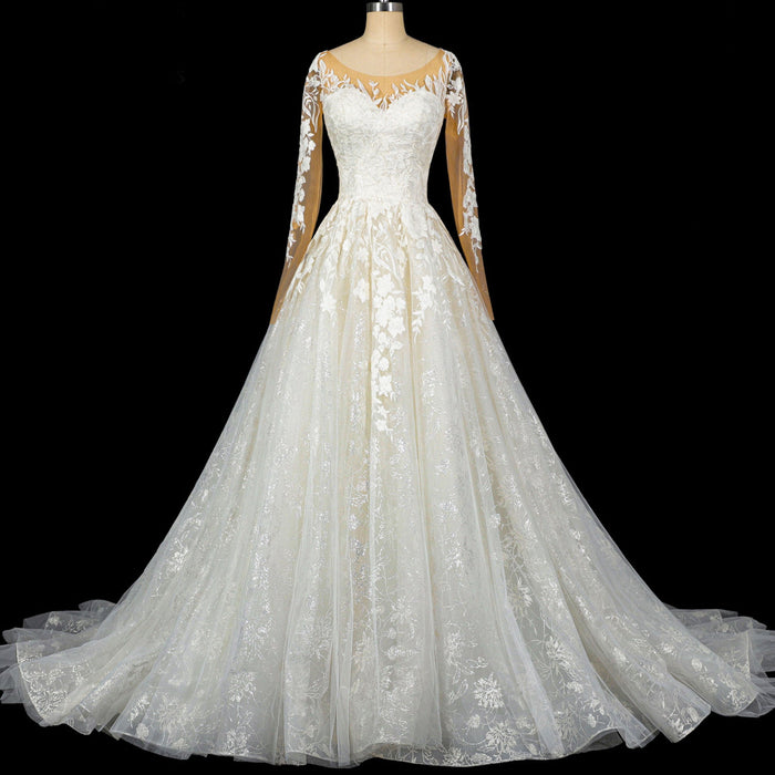 Princess Lace Ball Gown Wedding Dress Illusion Long Sleeve - Rosymae