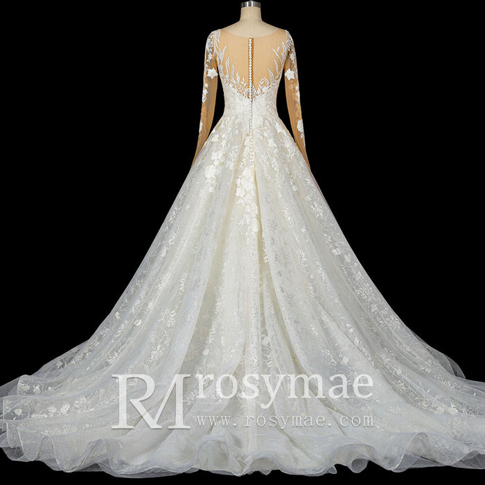 Princess Lace Ball Gown Wedding Dress Illusion Long Sleeve - Rosymae