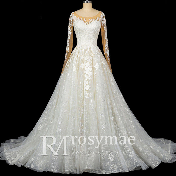 Princess Lace Ball Gown Wedding Dress Illusion Long Sleeve - Rosymae