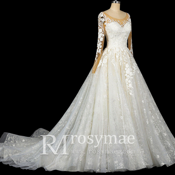 Princess Lace Ball Gown Wedding Dress Illusion Long Sleeve - Rosymae