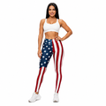 Printed yoga pants for women in American flag design, front model view on a clean white background.