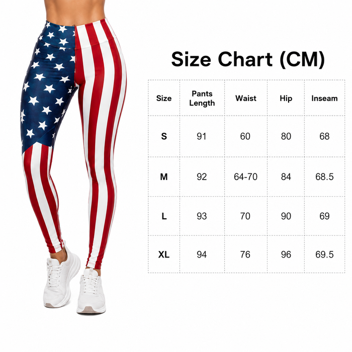 Printed yoga pants for women with American flag design and size chart in centimeters for S, M, L and XL.