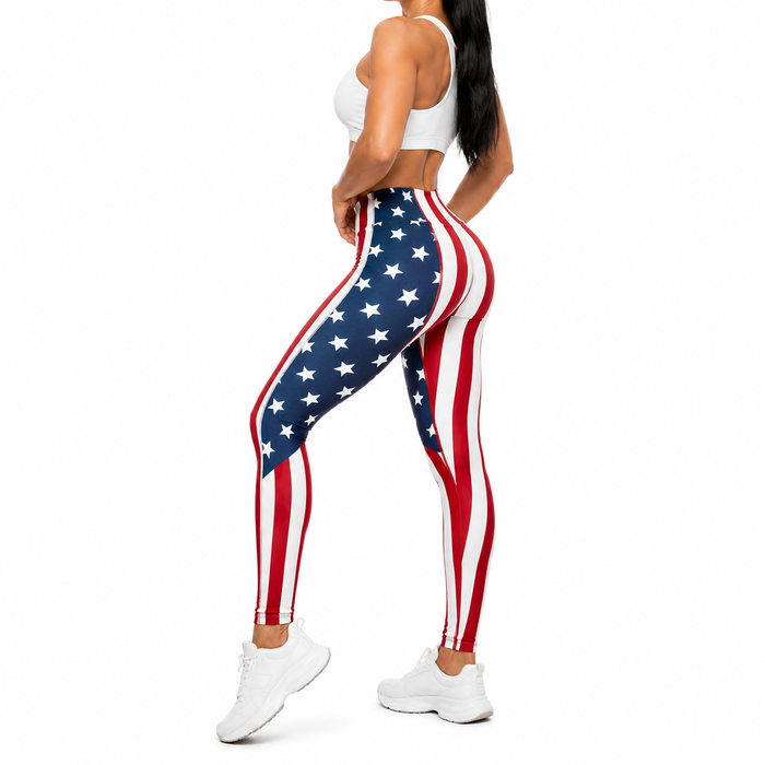 American flag yoga pants for women shown from the side on a clean white background.