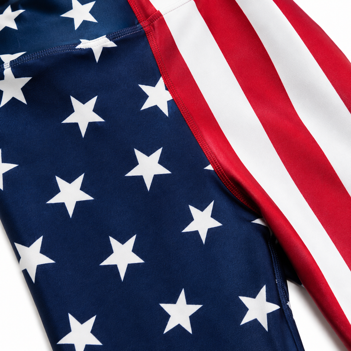 Close product detail of the stars and stripes print on women's American flag leggings.