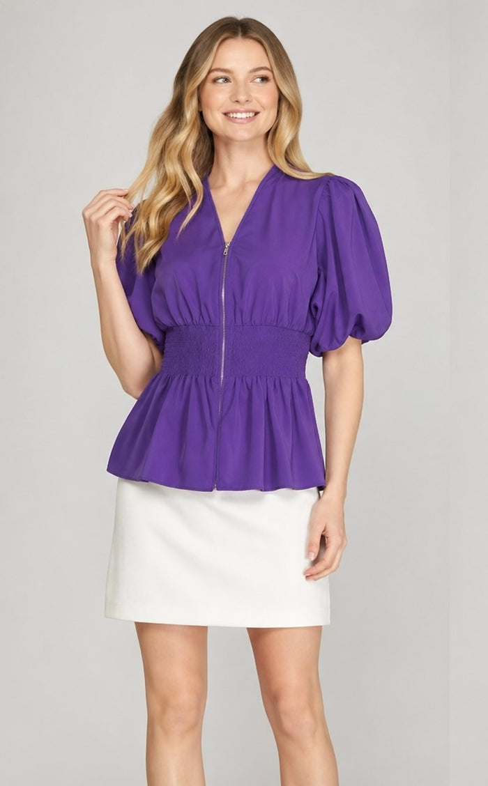 Puff Sleeve Cinch Waist Zipper Detail Blouse