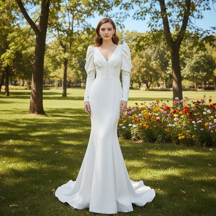 Puffy Sleeve Sheath Bridal Gown V-neck Wedding Dress - Rosymae