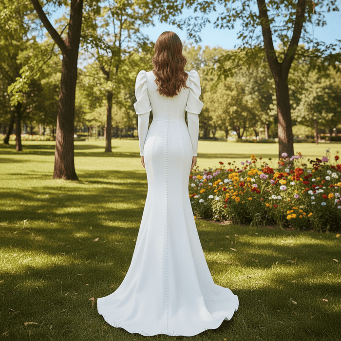 Puffy Sleeve Sheath Bridal Gown V-neck Wedding Dress - Rosymae
