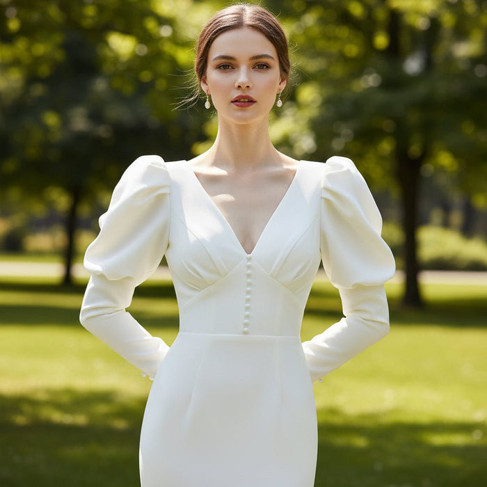 Puffy Sleeve Sheath Bridal Gown V-neck Wedding Dress - Rosymae