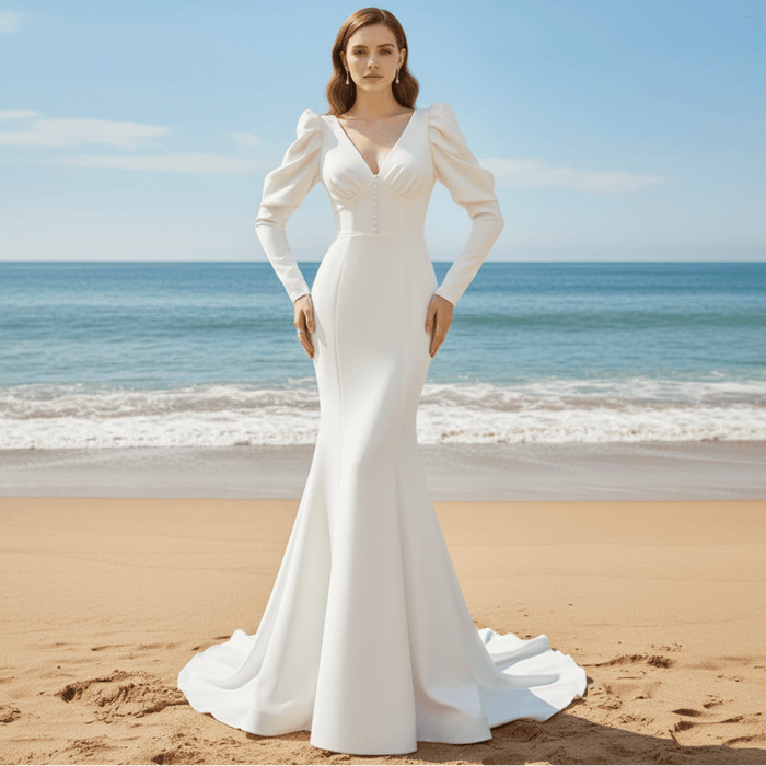 Puffy Sleeve Sheath Bridal Gown V-neck Wedding Dress - Rosymae