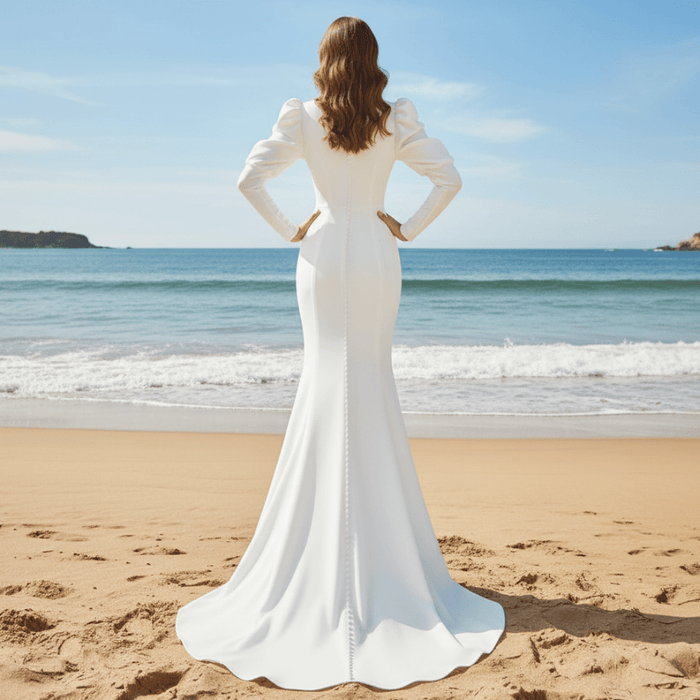 Puffy Sleeve Sheath Bridal Gown V-neck Wedding Dress - Rosymae