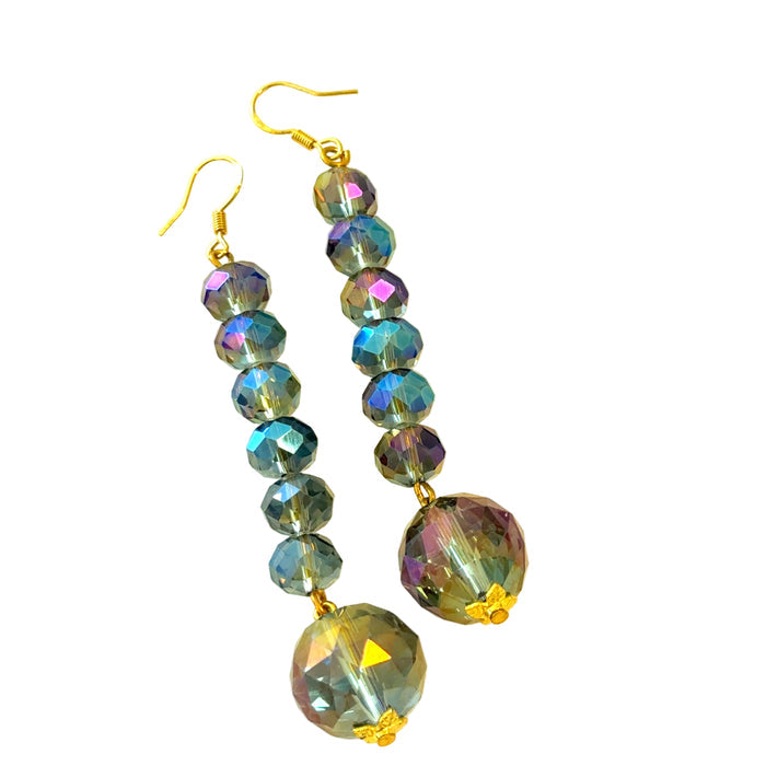 Purple iridescent crystal sphere drop earrings with faceted beads and a sterling silver hook post.