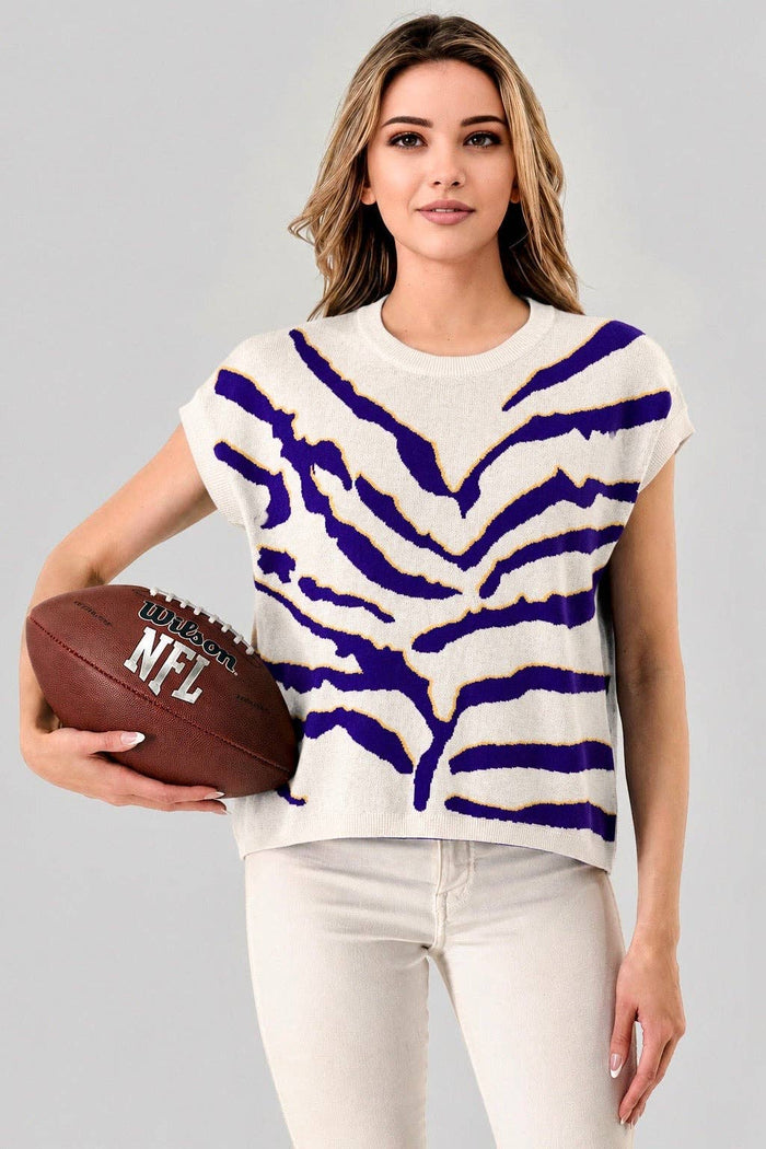 Purple Gold Tiger Game Day Print Knit Vest Top