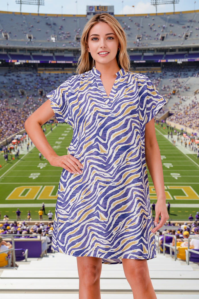 Purple Gold Tiger Print Game Day Shift Dress