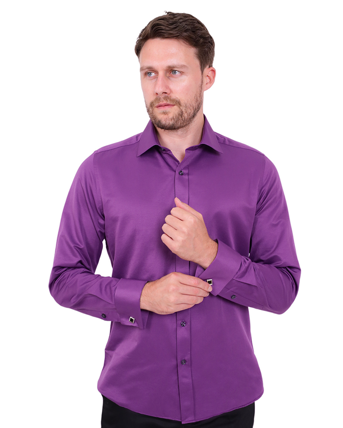 Purple Plain Double Cuff Shirt-Makrom