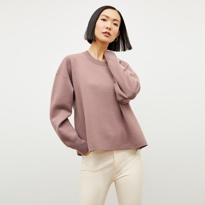 Front image of a woman wearing the quincy sweater in rose taupe  | Lead