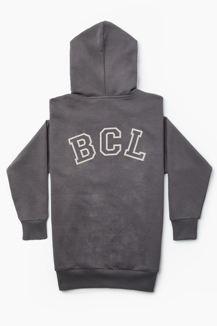 The Ralph Street Wide Leg Tracksuit in dark gray/mocha features a hooded sweatshirt with bold white “BCL” lettering across the upper back—ideal to pair with wide-leg joggers for a stylish, coordinated athleisure look.