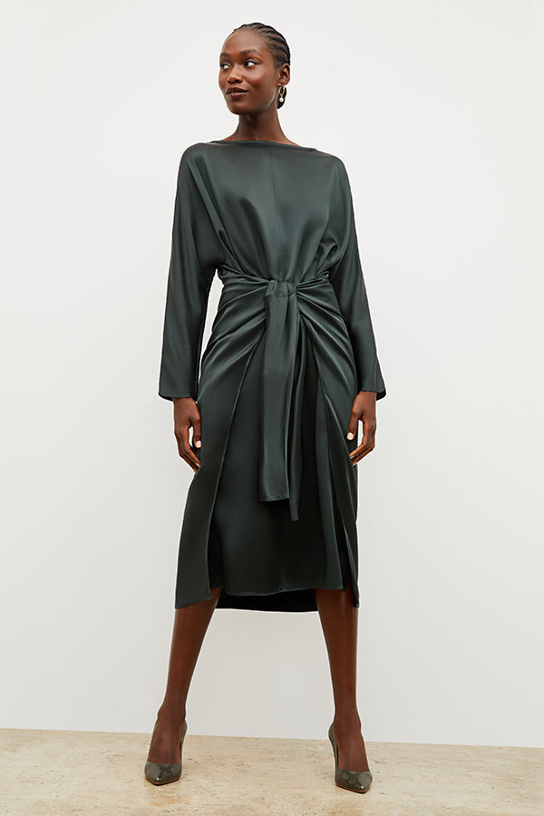 Image of a woman wearing the Rashmeen Dress in Hunter | Grid | Exclude