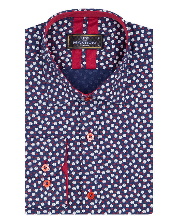 Red Mini Snowflake Print Men's Shirt-Makrom