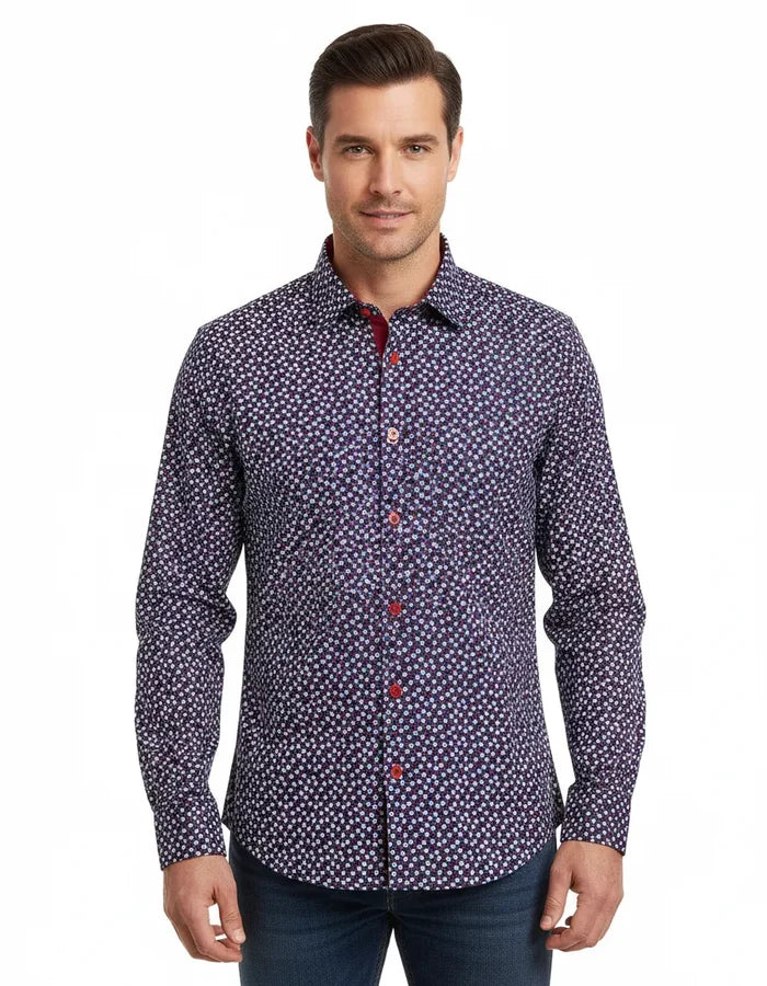 Red Mini Snowflake Print Men's Shirt-Makrom
