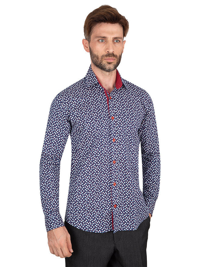 Red Mini Snowflake Print Men's Shirt-Makrom