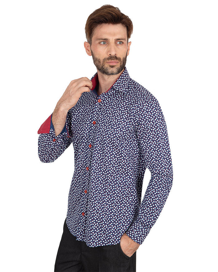 Red Mini Snowflake Print Men's Shirt-Makrom