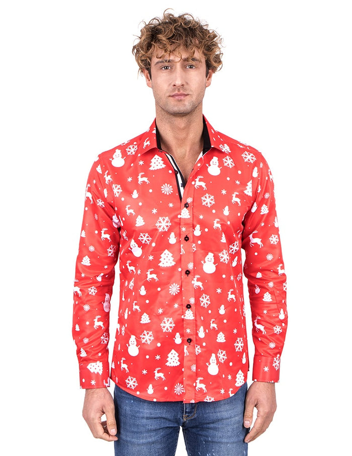 Red Snowflake Christmas Snowman Print Men's Shirt-Makrom