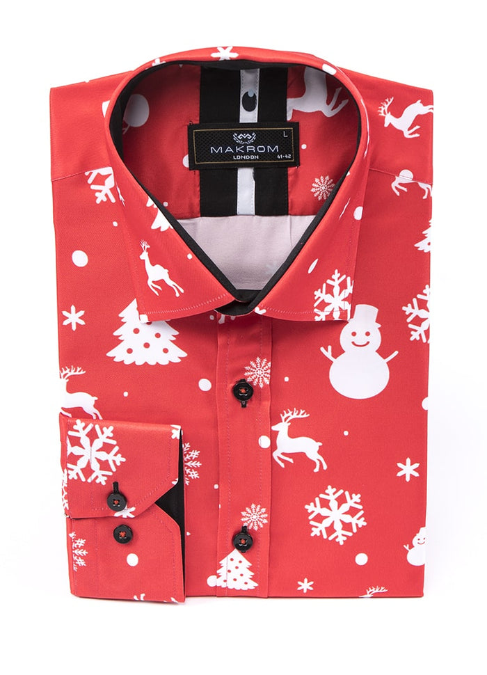 Red Snowflake Christmas Snowman Print Men's Shirt-Makrom