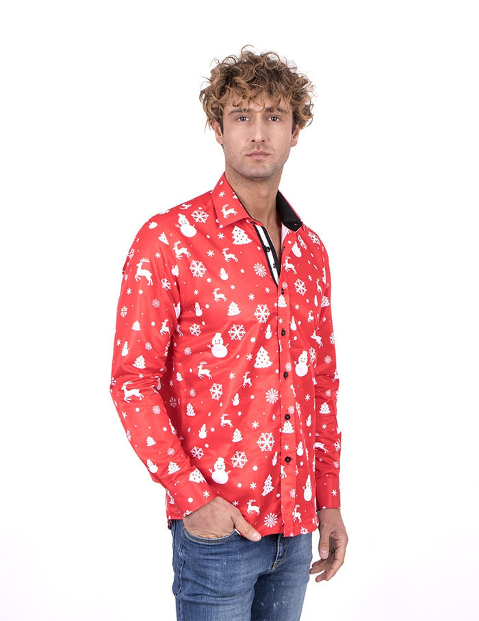 Red Snowflake Christmas Snowman Print Men's Shirt-Makrom